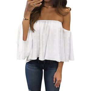 Women Summer Off Shoulder Chiffon Blouses Ruffles Short Sleeves Sexy Top